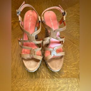Via Spiga Tan Strappy Wedge Sandals with Coral Insole